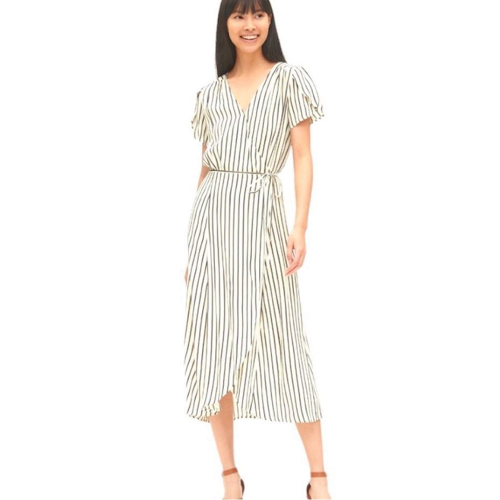 Gap flutter sleeve wrap striped midi dress